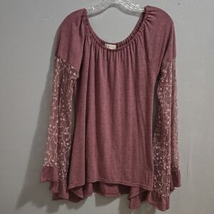Women's Altar'd State Mauve Top with Lace Bell Sleeves Cottagecore Fairy Boho